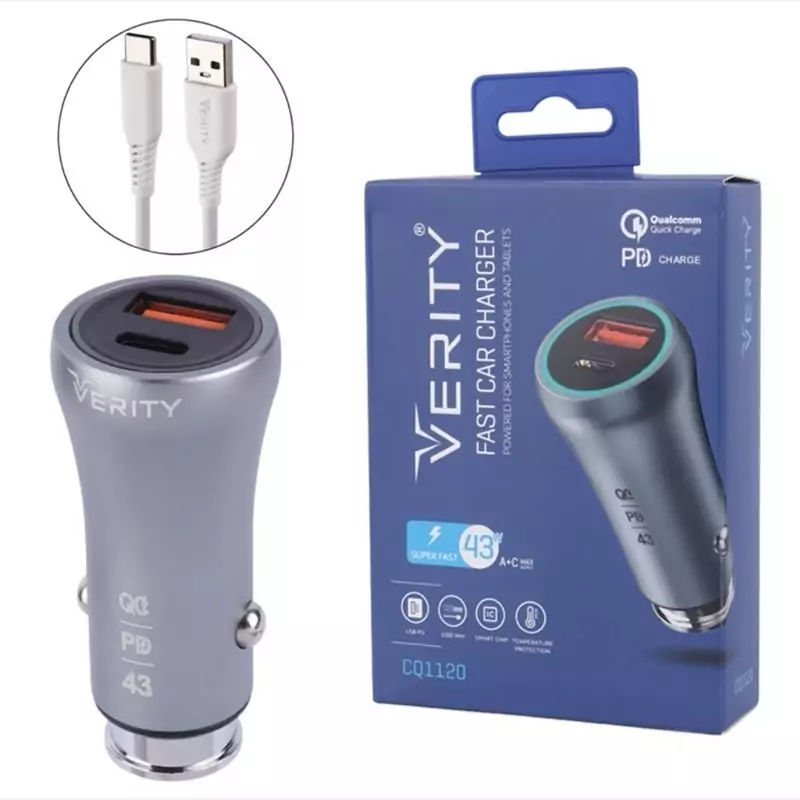 شارژر فندکی سوپر فست شارژ 43 وات وریتی با گارانتی به همراه کابل یک متری تایپ سی VERITY Fast Car Charger CQ1120 43W