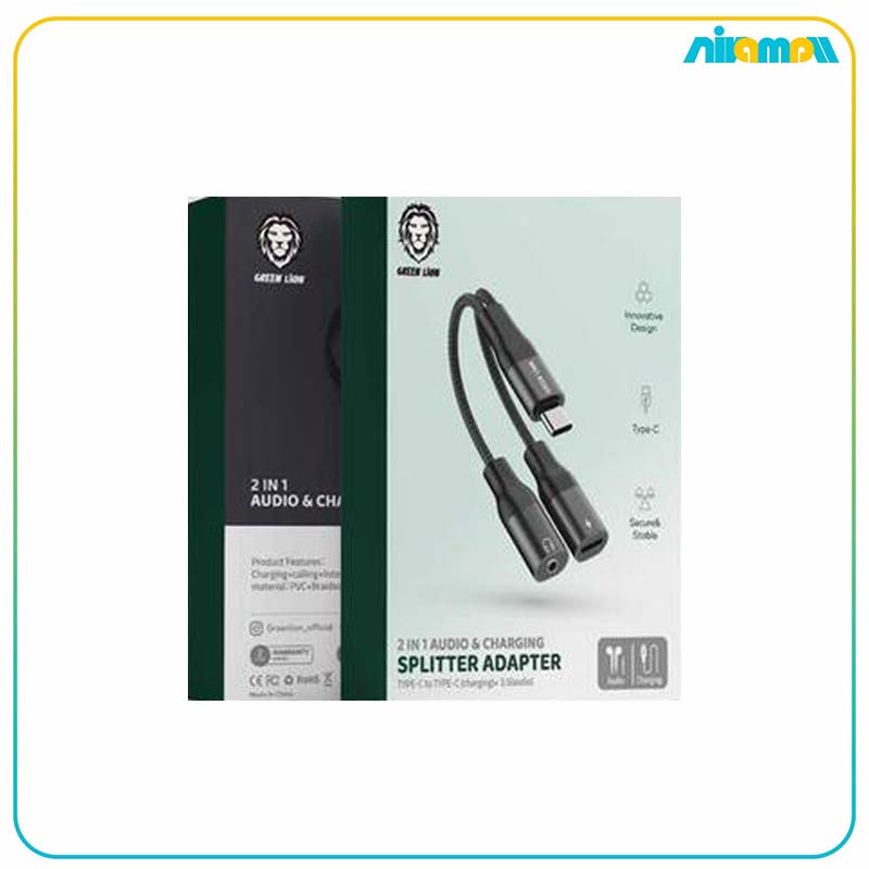 کابل تبدیل 2 به 1 گرین لاین Type-C To Type-C و جک3.5 صدا مدل Splitter Adapter