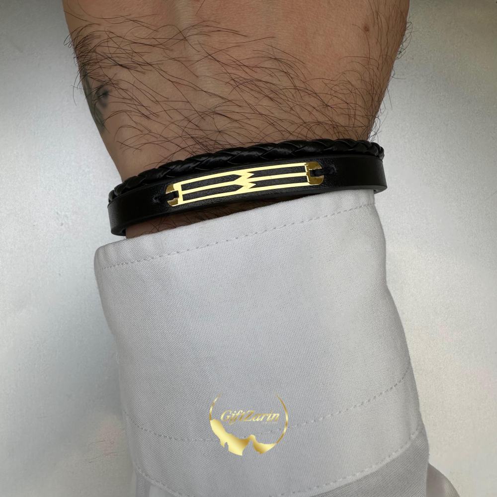 دستبند چرم و طلا مردانه M8