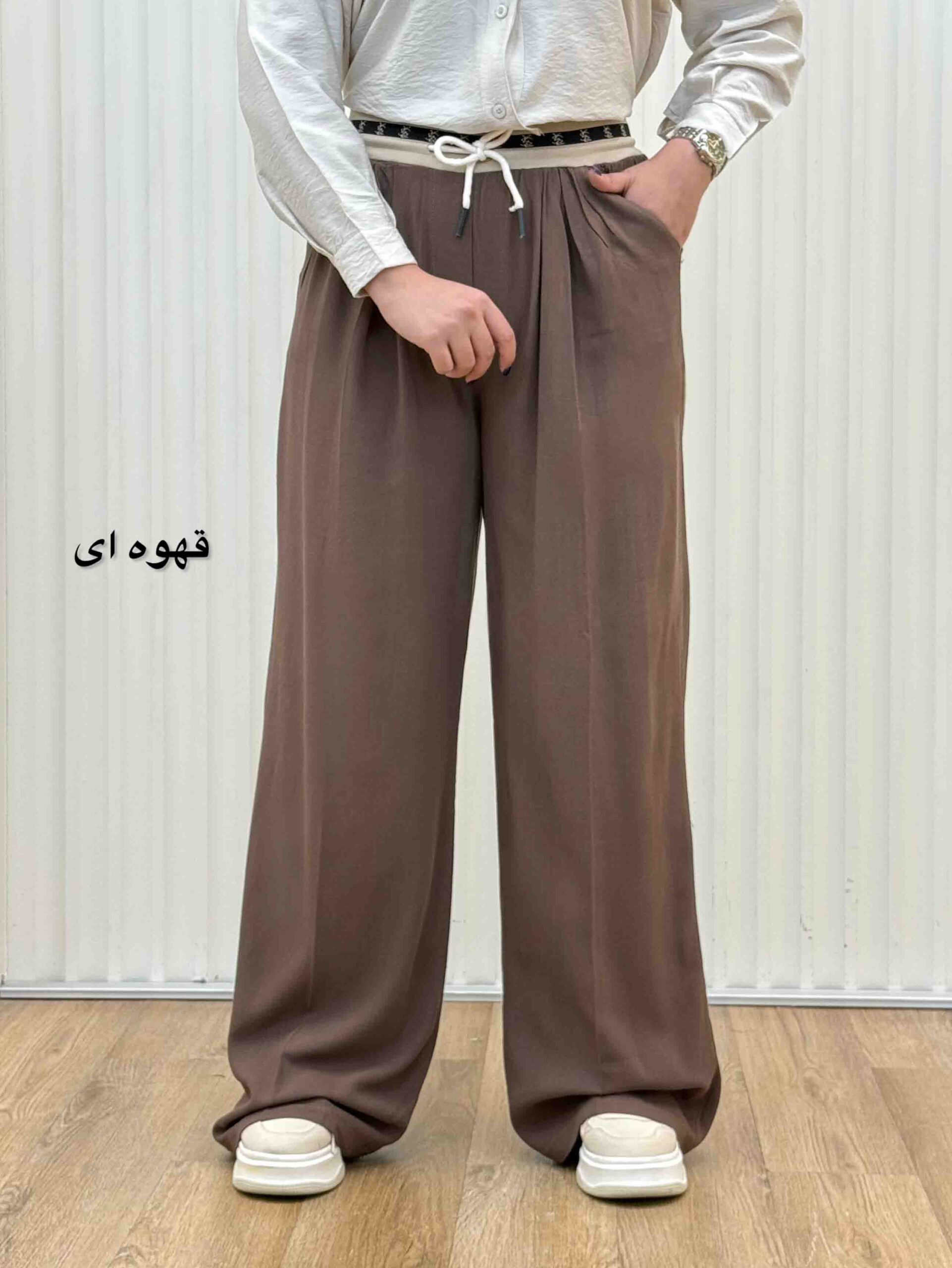 شلوار لینن زارا کمرکش-6013 - قهوه‌ای