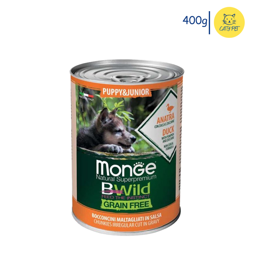 کنسرو توله سگ مونژه Monge Bwild Puppy Grain Free بدون غلات طعم اردک، کدو حلوایی و کدو سبز وزن 400 گرم