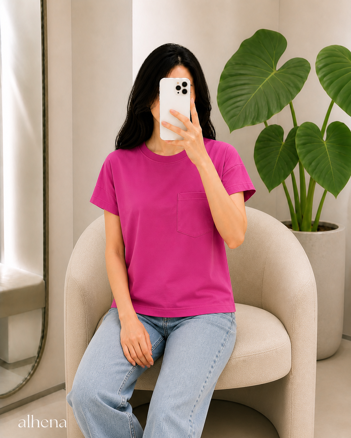 تیشرت باکسی تک جیب سرخابی