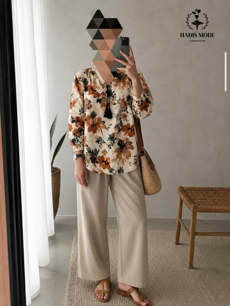 شومیز تونیک جلو بسته زنانه کریشه گلدار