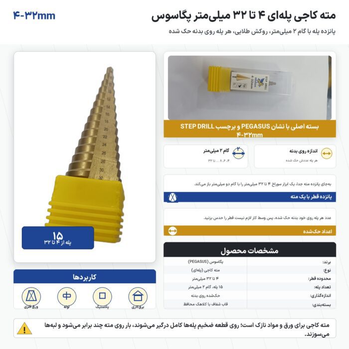 مته کاجی پله‌ای ۴ تا ۳۲ میلی‌متر پگاسوس
