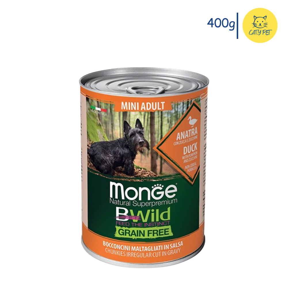 کنسرو سگ بالغ نژاد کوچک مونژه Monge Bwild Grain Free گوشت اردک و کدوحلوایی وزن 400 گرم