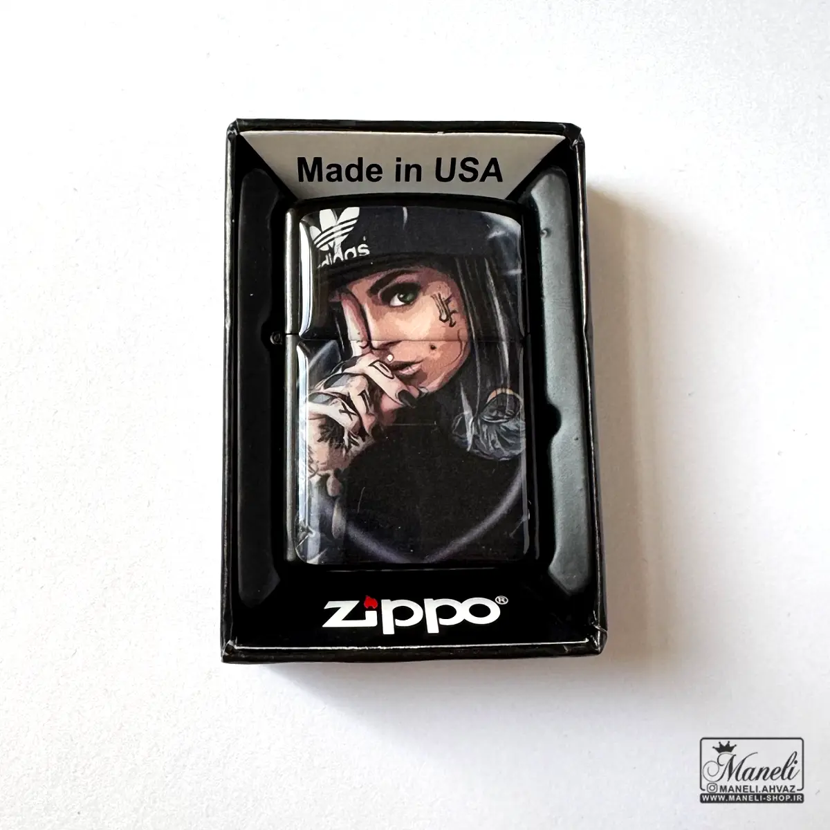فندک مشکی zippo با طرح نقاشی زن زیبا