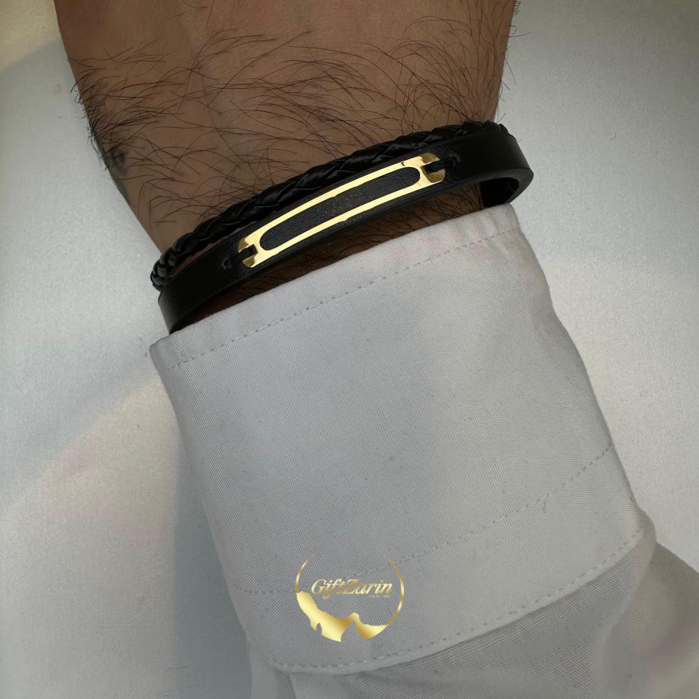 دستبند چرم و طلا مردانه M12