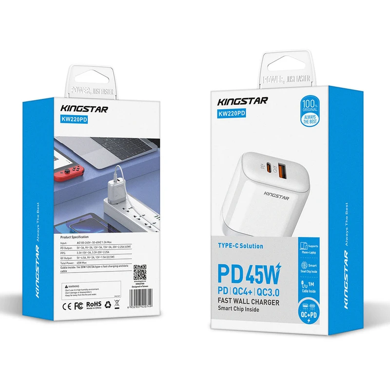 شارژر دیواری 45 وات کینگ استار مدل KW220 PD به همراه کابل USB-C