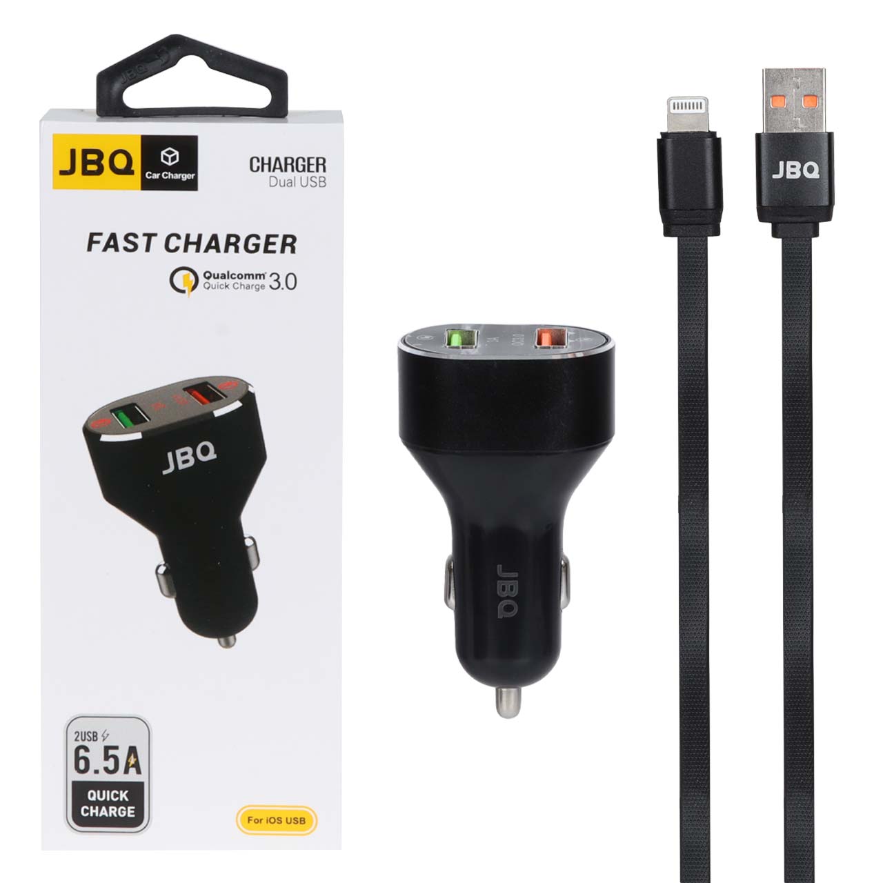 شارژر فندکی فست دو پورت JBQ مدل C-65 33W همراه با کابل آیفون - مشکی