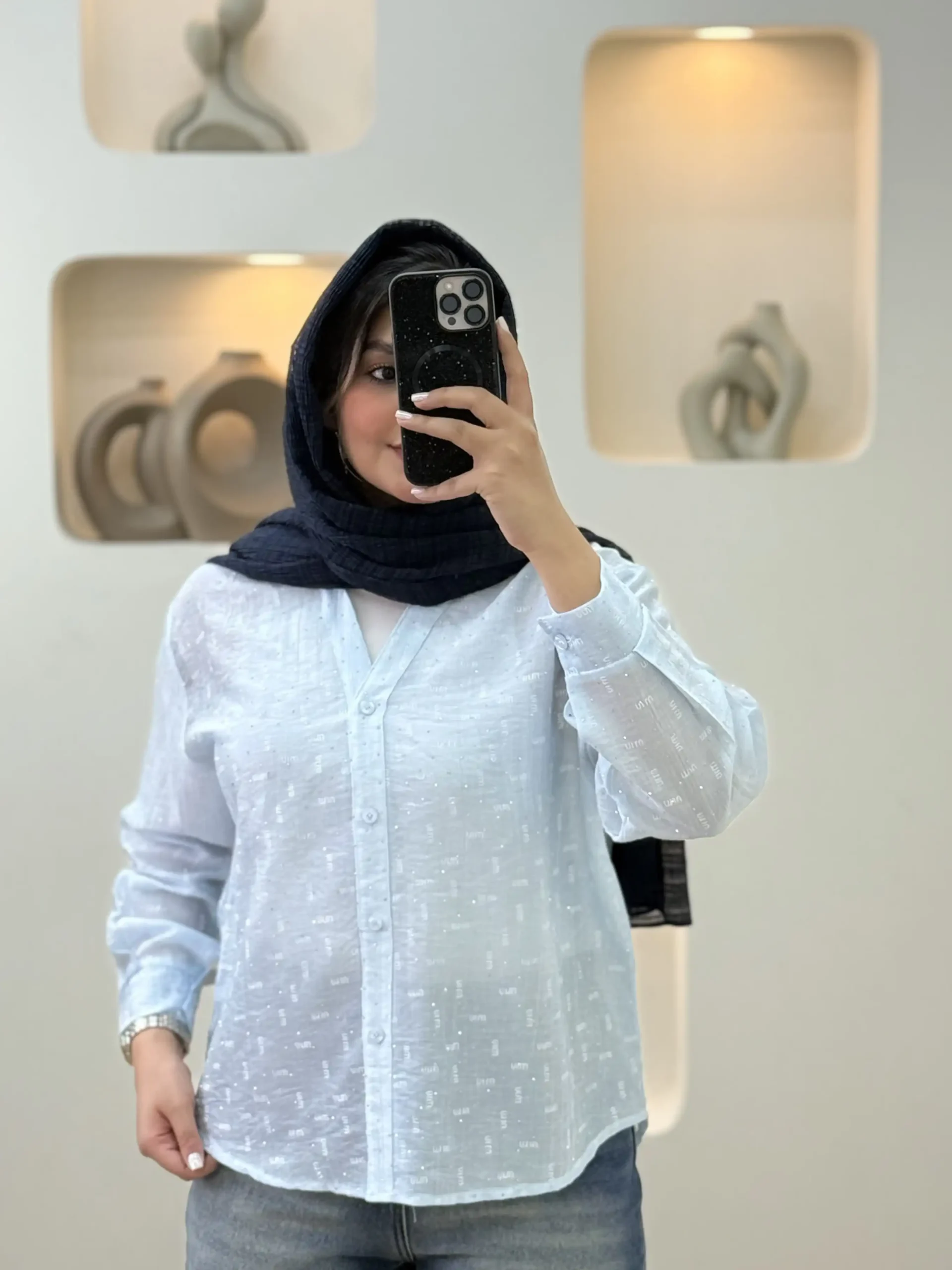 تیشرت شیشه ای نگینی آستین بلند - آبی