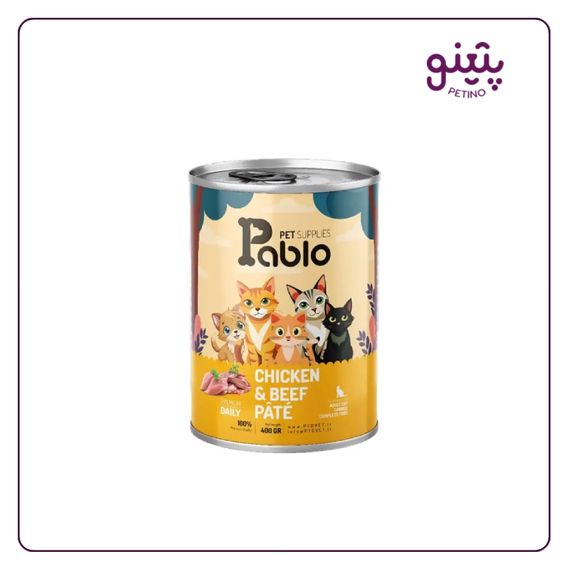 کنسرو گربه بالغ پابلو با طعم مرغ و گوشت گاو 400 گرمی