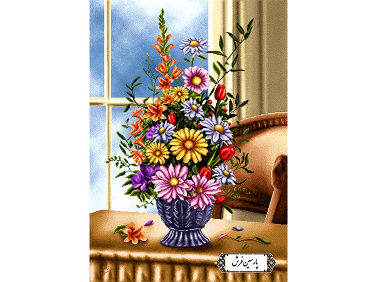 نخ و نقشه تابلو فرش گلدان پشت پنجره - کد NG1468