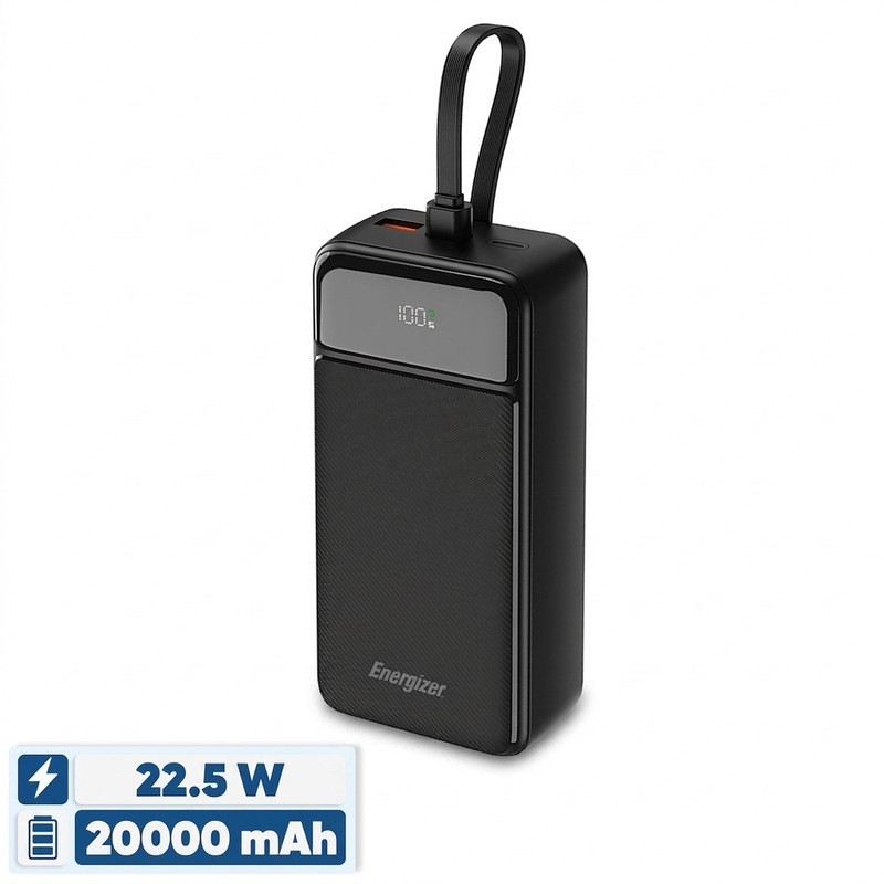پاوربانک 22.5 وات انرجایزر مدل UE20084PQ ظرفیت 20000 میلیآمپرساعت به همراه سه کابل متصل USB-C و لایتنینگ