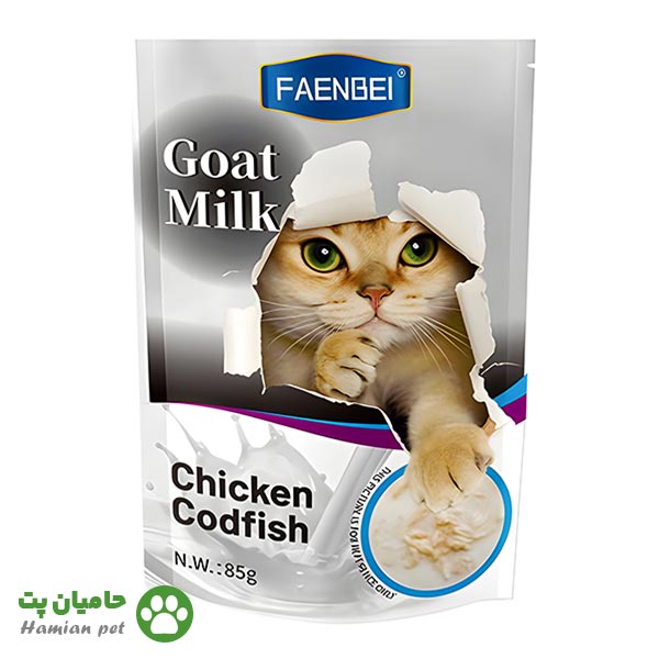 پوچ گربه فنبی(FAENBEI) طعم ماهی کاد و مرغ در شیر بز وزن ۸۵ گرم