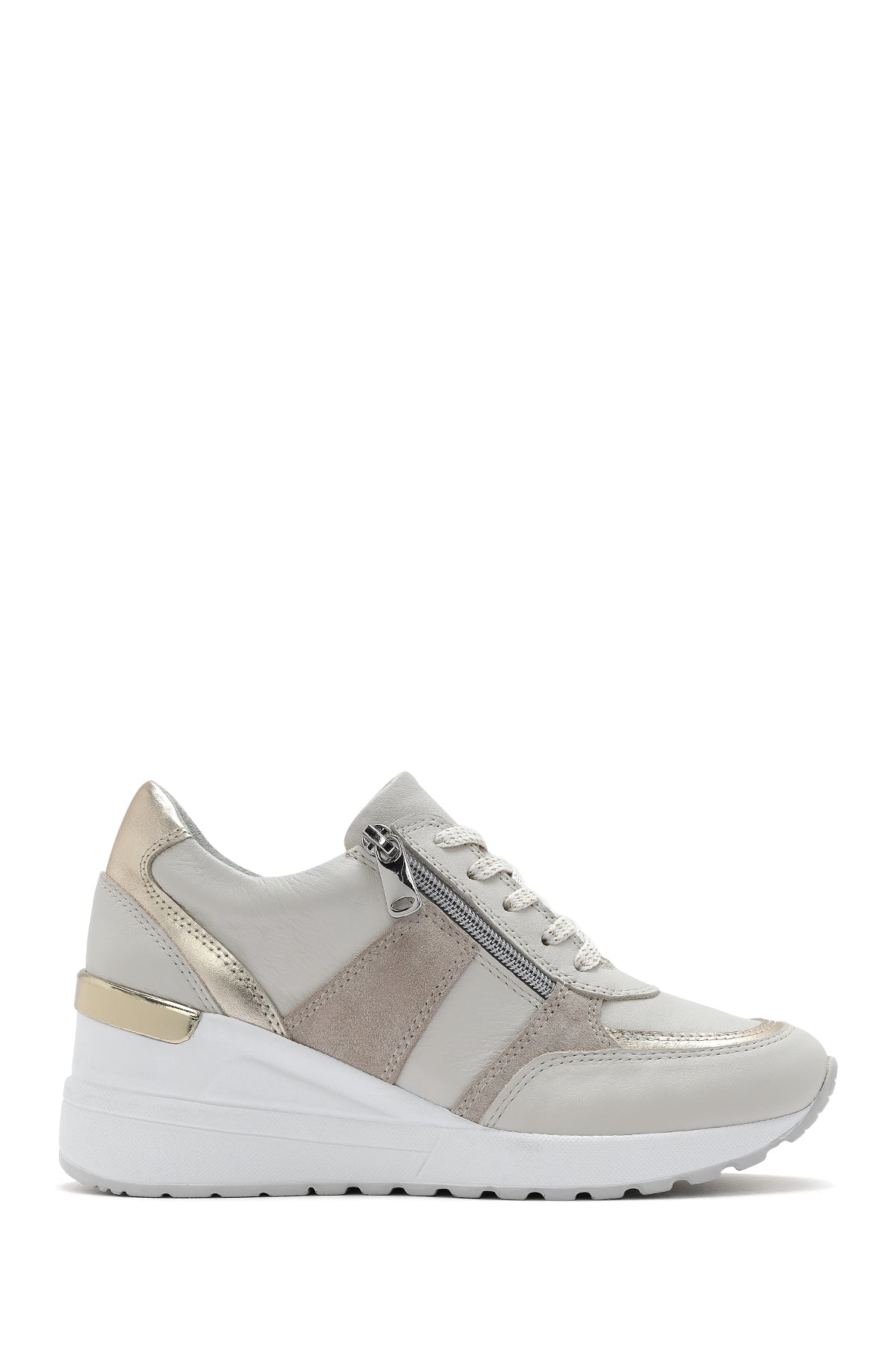 کتونی زنانه بژ پاشنه بلند با زیپ کناری چرم دری مد