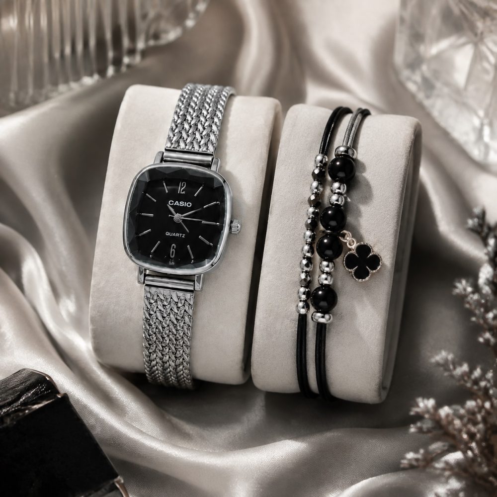 ساعت Casio زنانه مربعی بند حصیری صفحه مشکی (e) کد 8244SX-L