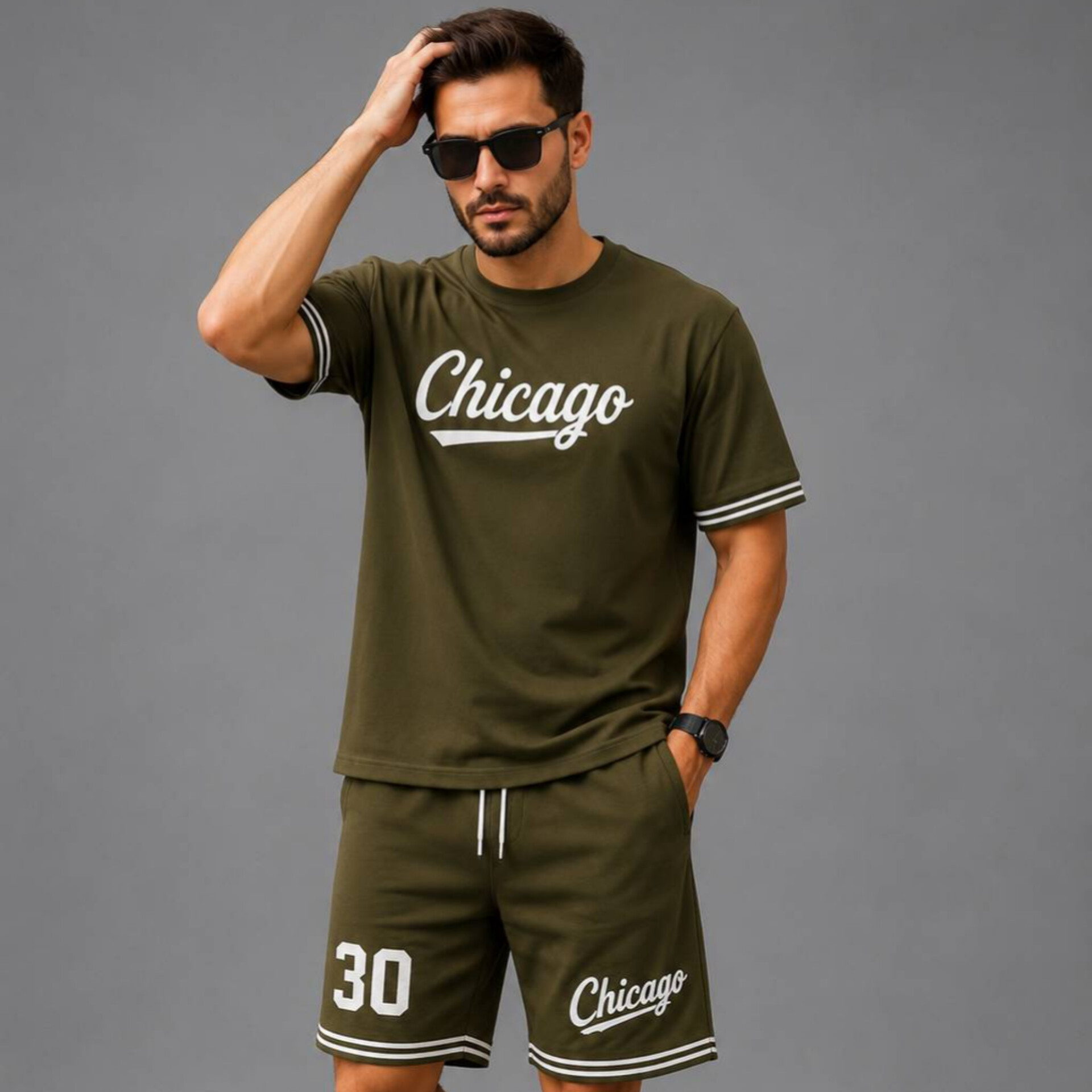 ست تیشرت شلوارک|مدل شیکاگو - سبز تیره, XXXL