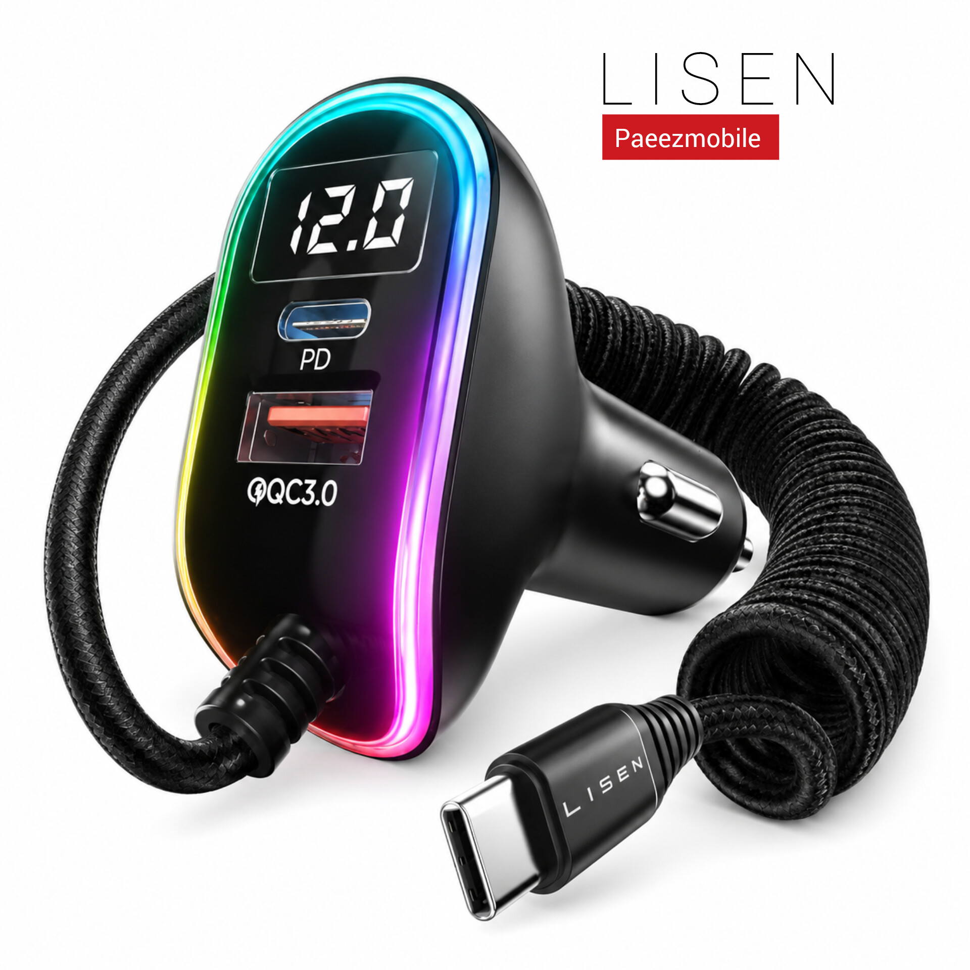 شارژر فندکی LISEN مدل 2E74 با کابل Type-C فنری | شارژ سریع 66 وات