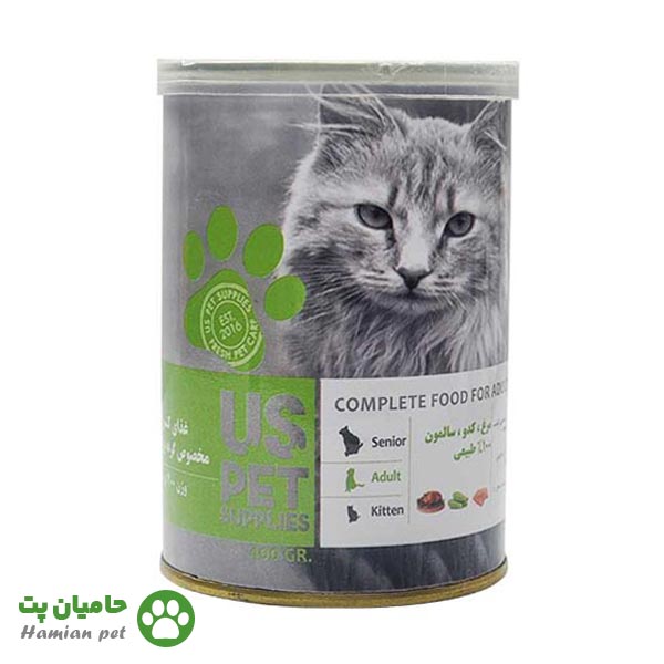 کنسرو گربه یو اس پت (US pet) طعم مرغ و سالمون و کدو سبز ۴۰۰ گرم