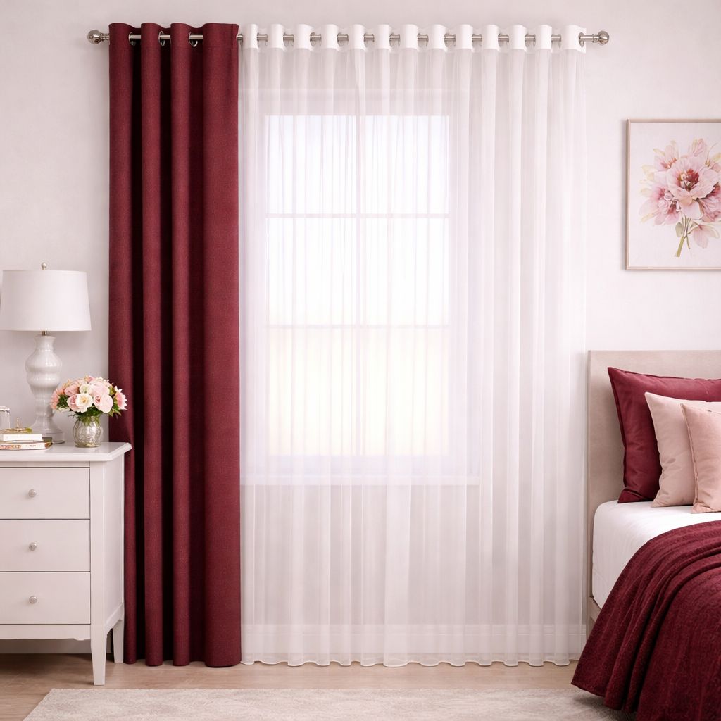 پرده آماده پانچی 1.5 متری حریر ساده با کناره کتان زرشکی تیره (kr-822) کد P089