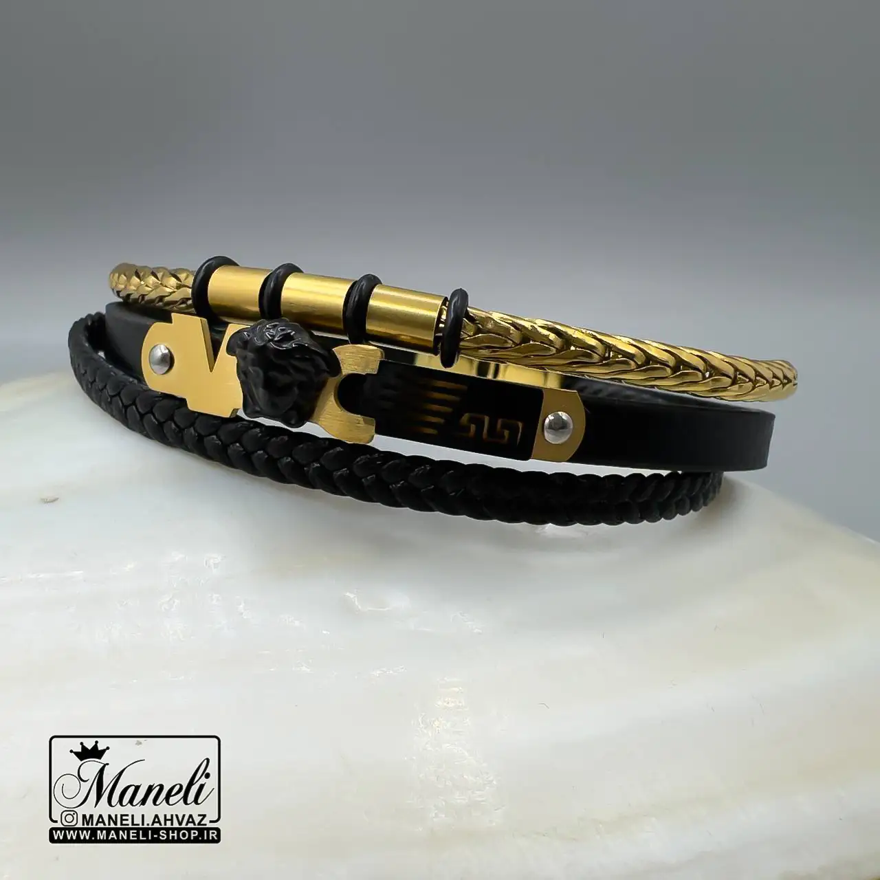 دستبند چرم رولکس مشکی و طلایی|14040777