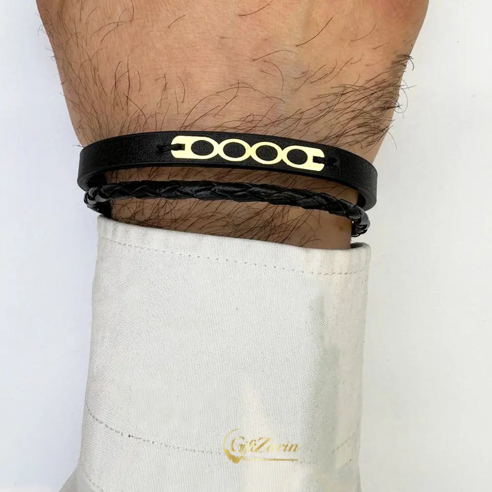 دستبند چرم و طلا مردانه M386