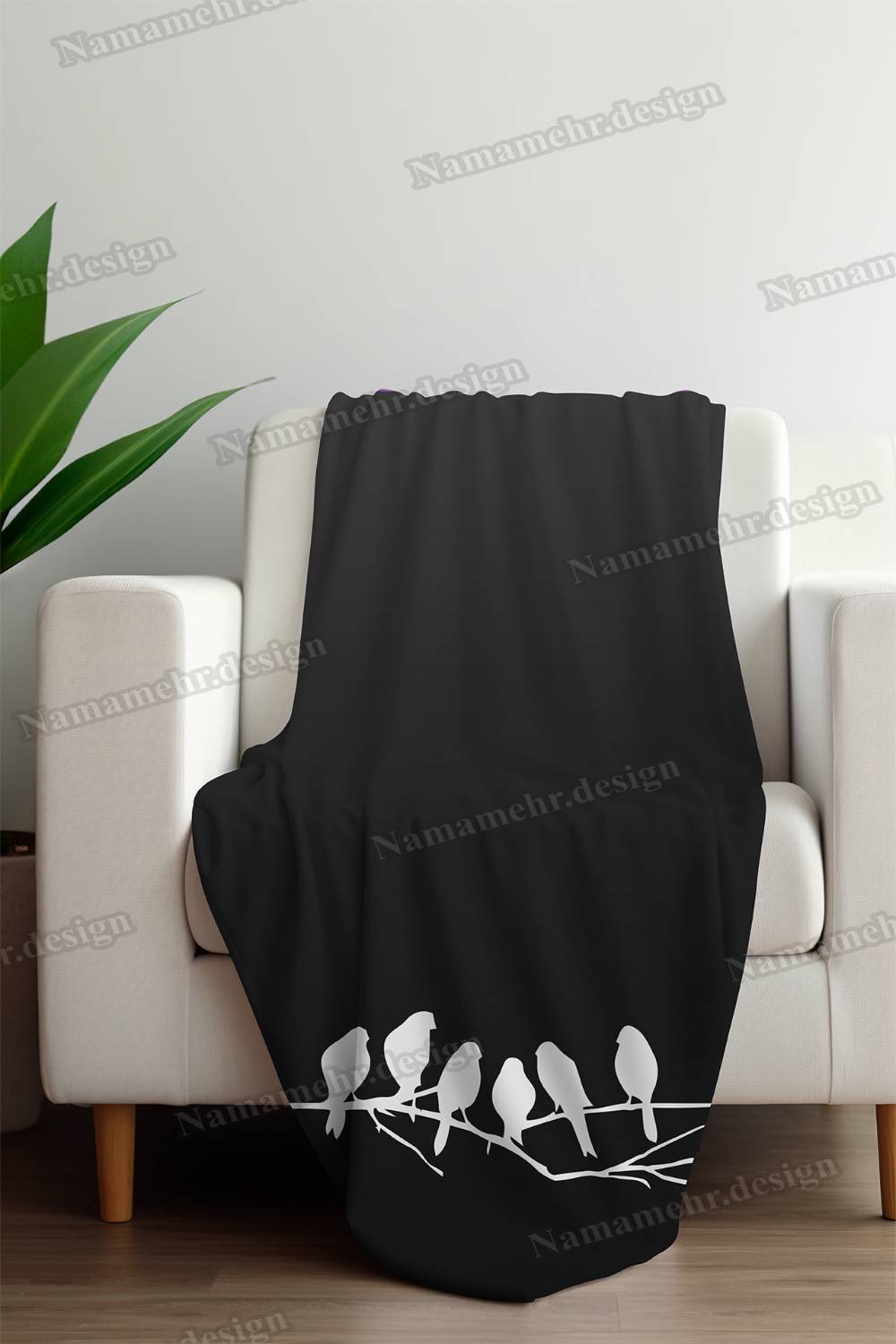 شال مبل طرح پرنده رنگ مشکی کد L042