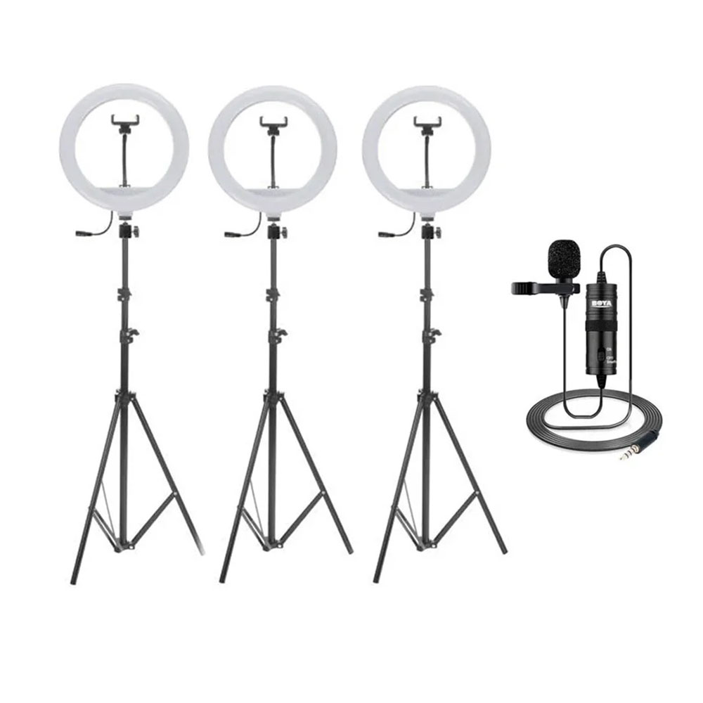 کیت پیشنهادی بلاگری 13: سه عدد رینگ لایت YQ-320A به همراه سه عدد پایه نور و میکروفن بیسیم K8 و کیف