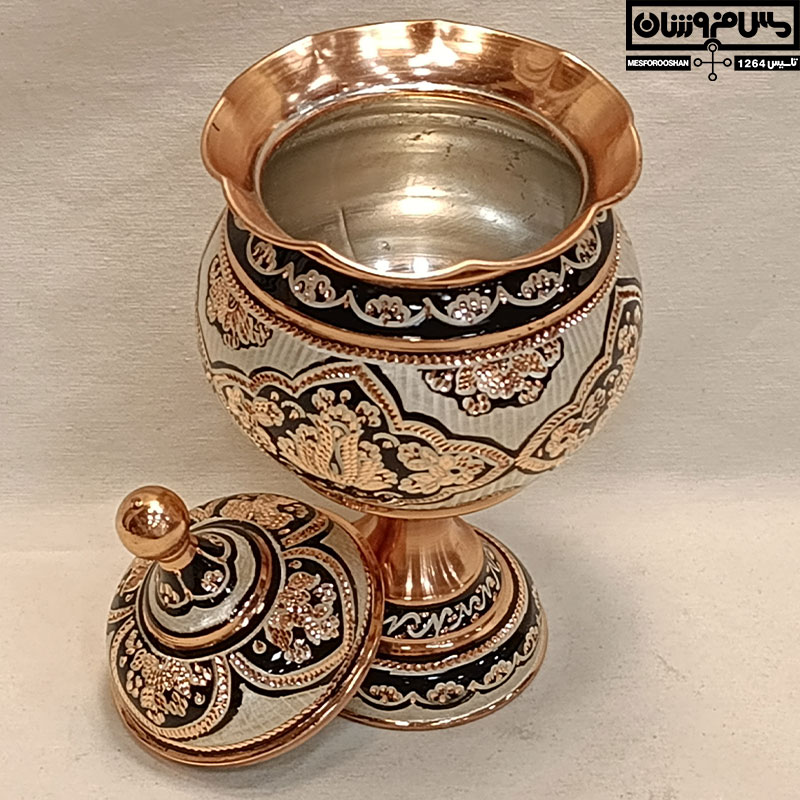 آجیل خوری مس نقره کوب پایه دار کنگره ای دستساز نانو زنجان مدل جیان