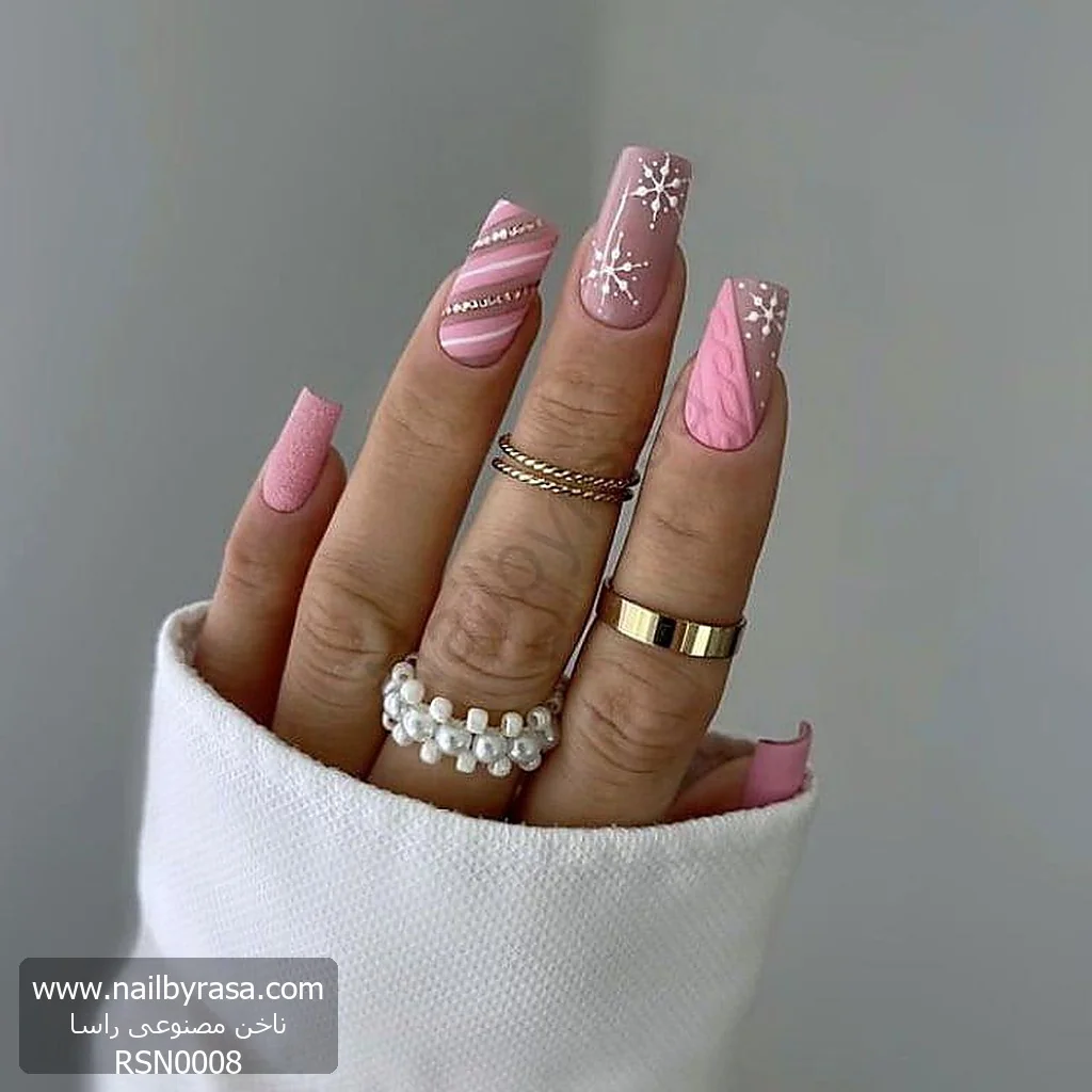 ناخن مصنوعی طرح بافت و زمستانی صورتی باربی (Pinkmas) مربعی بلند راسا - RSN0008
