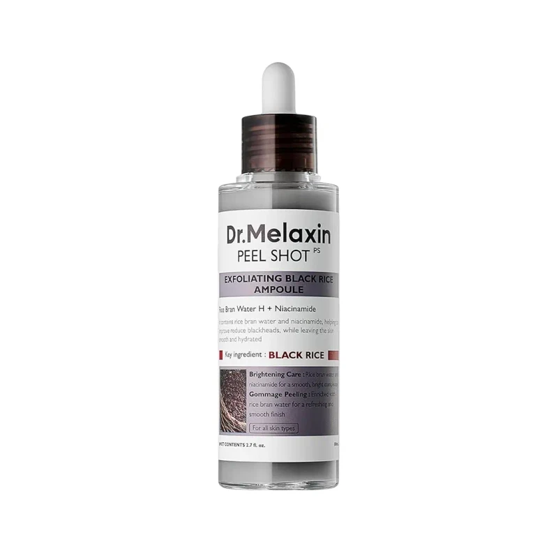 آمپول لایهبردار برنج سیاه دکتر ملاکسین Dr.Melaxin Peel Shot Exfoliant Black Rice Ampoule حجم ۸۰ میلیلیتر | آنتیاکسیدان، روشنکننده، آبرسان و ضدچروک