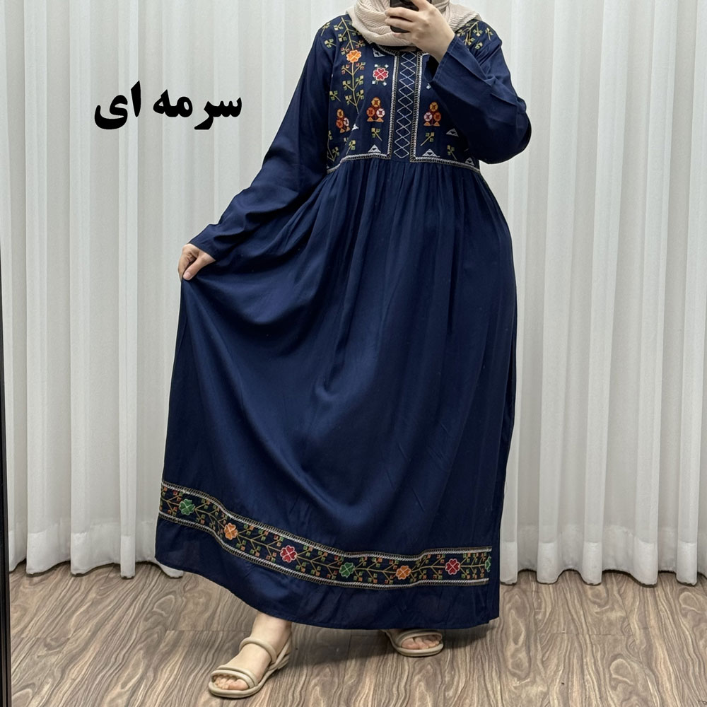 پیراهن نخی هندی مدل سلن گلدوزی 1629 - سرمه‌ای