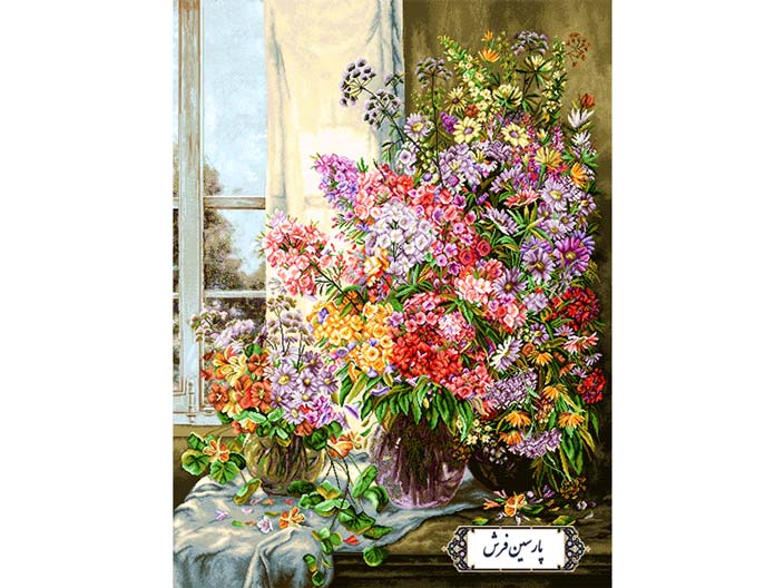 نخ و نقشه تابلو فرش گلدان کنار پنجره - کد NG1442