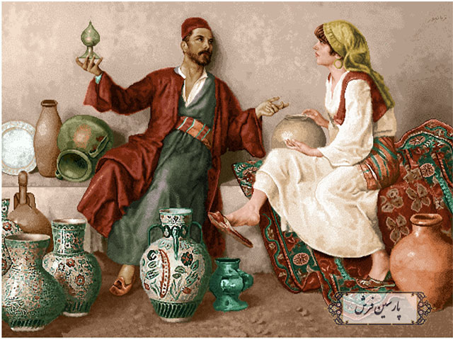 خرید نخ و نقشه تابلو فرش طرح سفال فروشی - کد NP4911