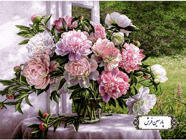 نخ و نقشه تابلو فرش گلدان گل های صورتی - کد NG1556