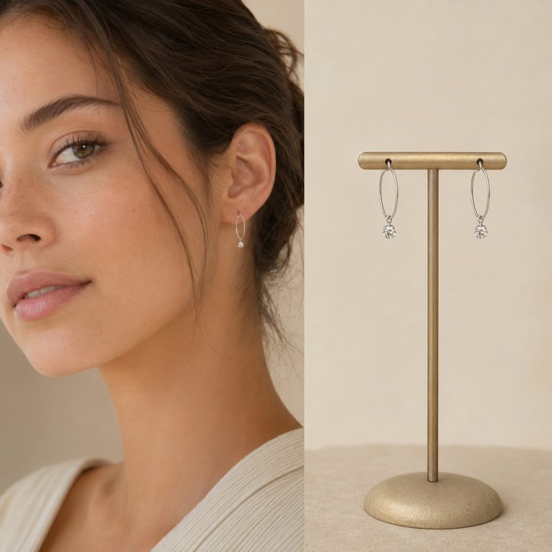 گوشواره حلقه‌ای دایره‌ای نقره‌ای با آویز نگین شفاف