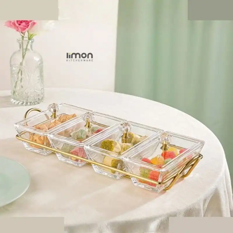 اردو خوری شیشه ای مستطیل 4 خانه لیمون کد 210500 - طلایی