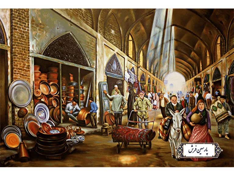 نخ و نقشه تابلو فرش سردرود طرح بازار مسگران - کد NP4930