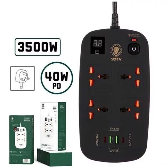 چند راهی برق و هاب شارژر فست گرین لاین Green Lion Power Socket 3M 3500W 40W GNPS2PDBK