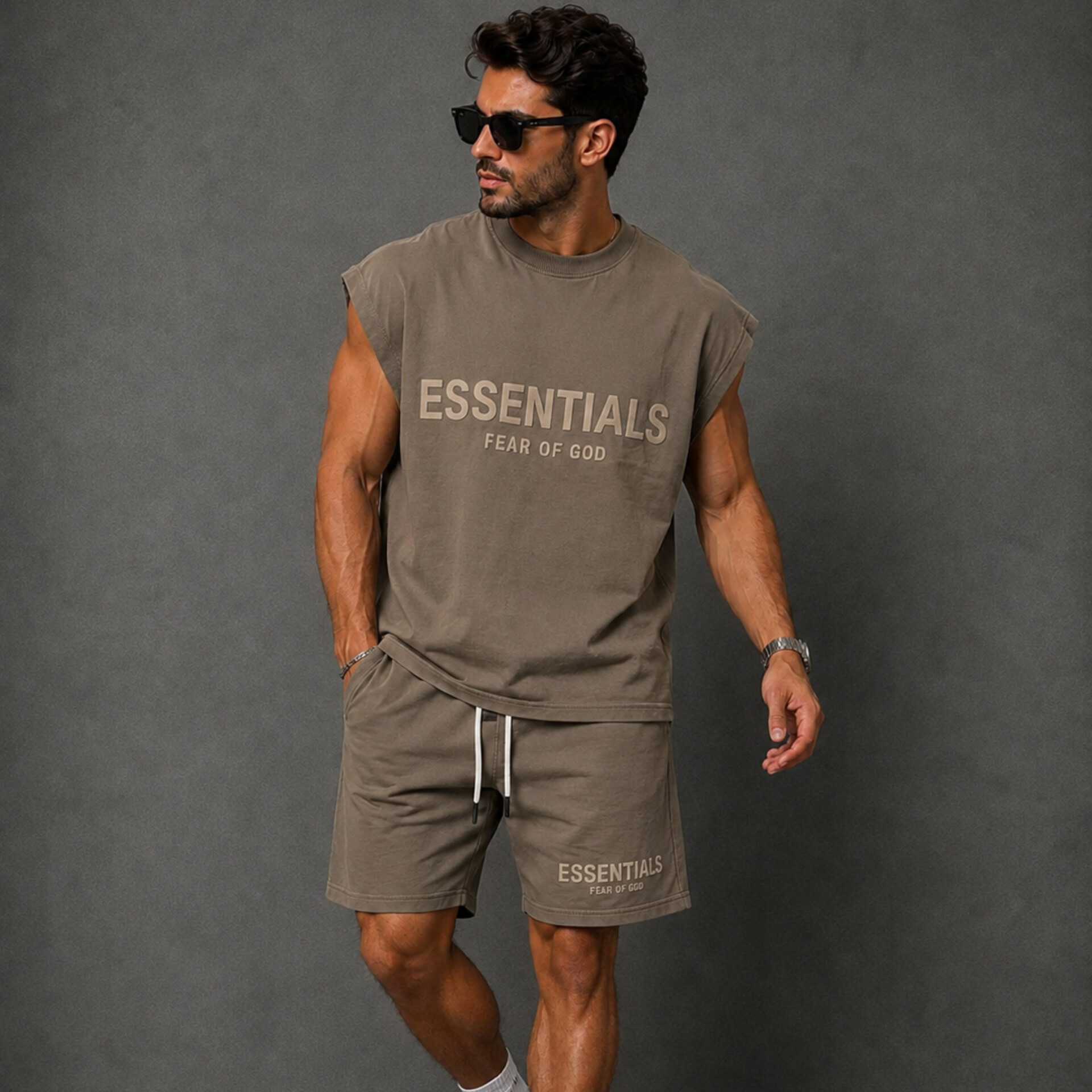 ست وست شلوارک مردانهESSENTIAL|بوتیک ماموت - کرم تیره, XL