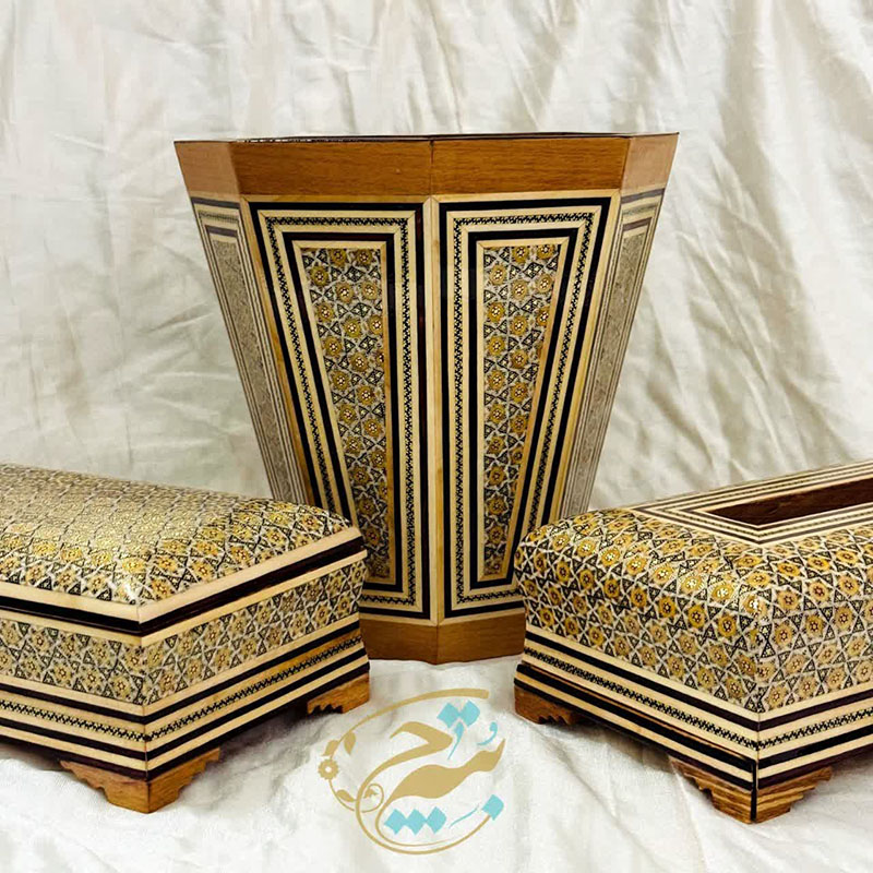 ست خاتم کاری نفیس ( جعبه دستمال کاغذی جعبه کارد و چنگال سطل پذیرایی )