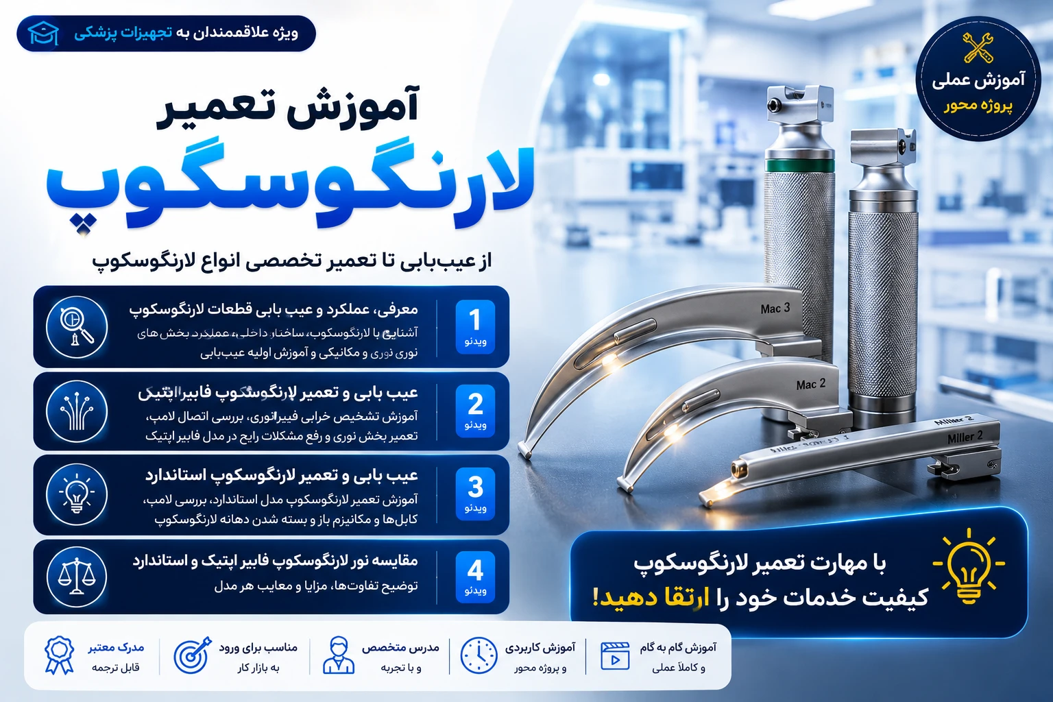 دوره آموزش تعمیر لارنگوسکوپ | عیب یابی و تعمیر مدل فایبر اپتیک و استاندارد