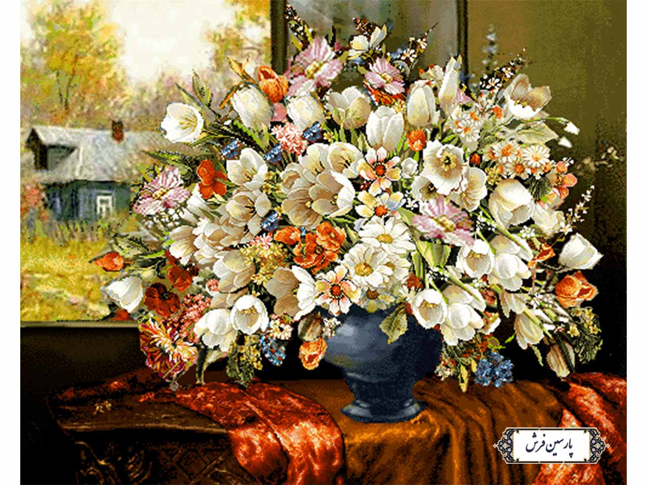 نخ و نقشه تابلو فرش گلدان و منظره زیبا - کد NG1536