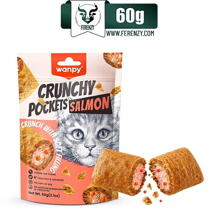 تشویقی گربه ونپی طعم ماهی سالمون مدل کرانچی مغزدار وزن 60 گرم Wanpy Crunchy Pockets Salmon