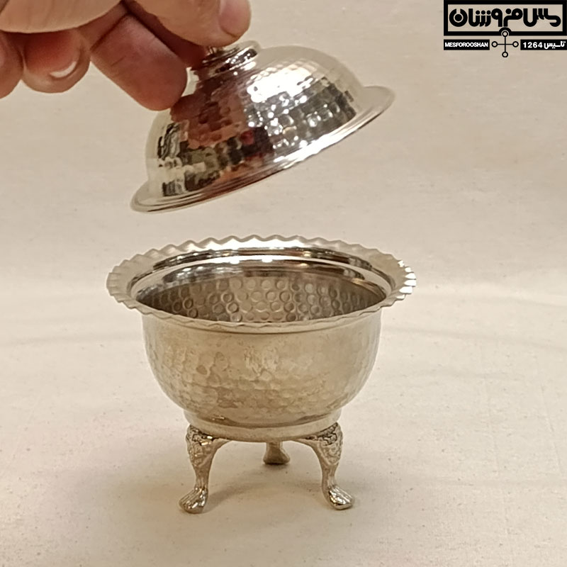 قندان مسی زنجان 3 پایه | سایز 1 قطر 10 | قندون مسی چکشی آبکاری کروم مدل آدونیس