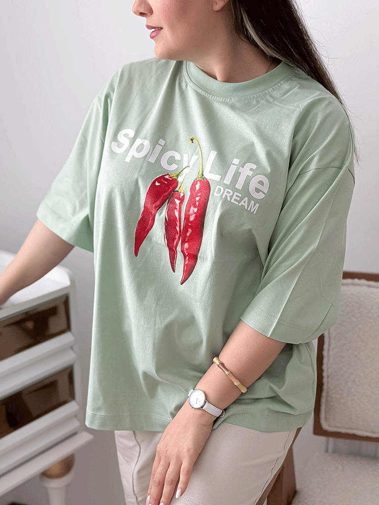 تیشرت باکسی زنانه طرح Spicy Life | تیشرت نخ پنبه طرح فلفل ۸ رنگ