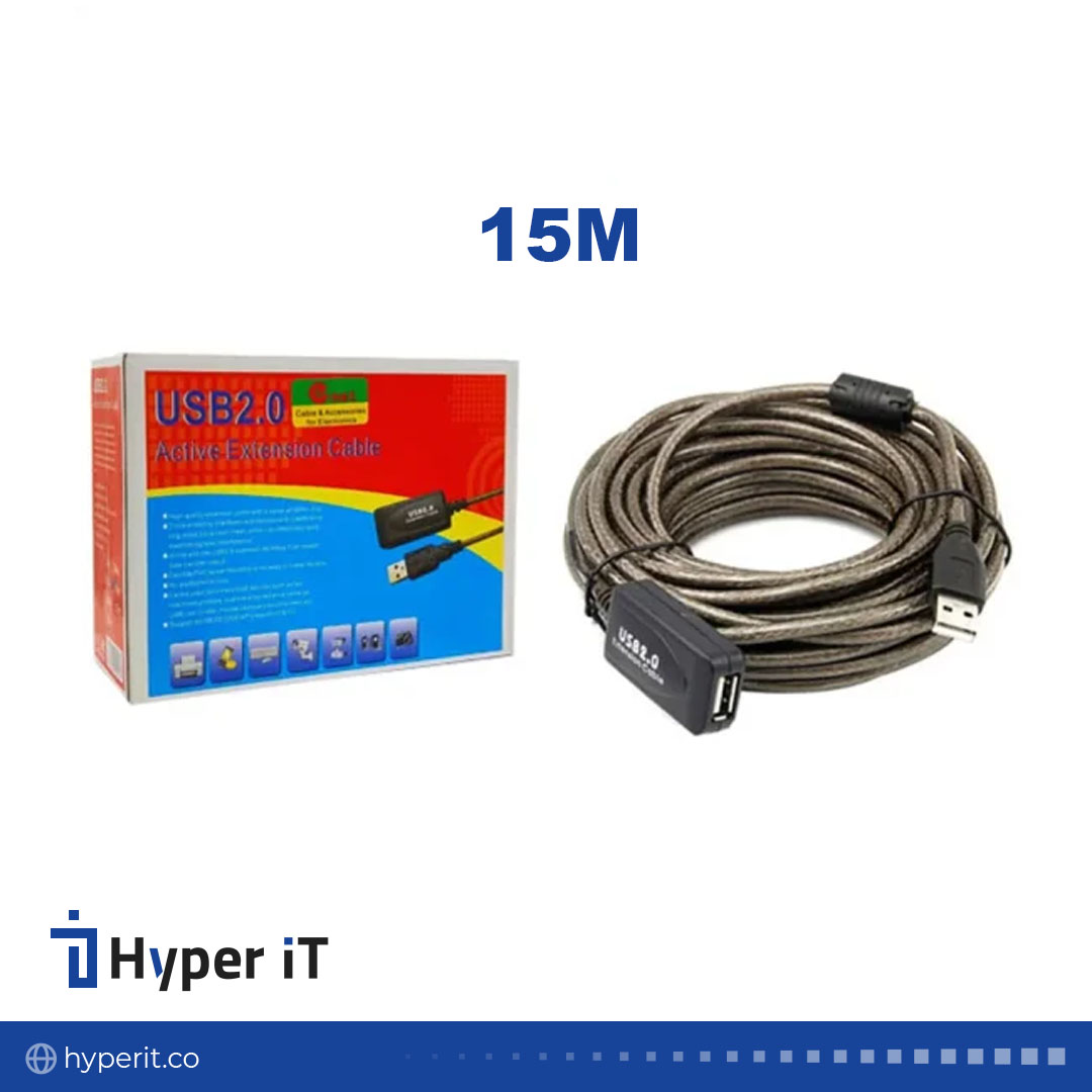 کابل افزایش USB2.0 برد دار ۱۵ متری شیلددار(ذغال دار)