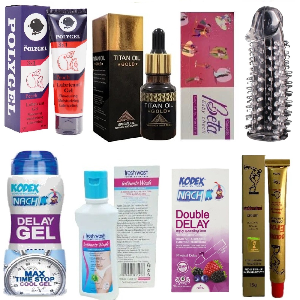 پکیج زناشویی vip ( کاندوم سیلیکونی خاردار آناتومیک + بیبی چک + روغن حجم دهنده تیتان گلد + روان کننده پلی ژل هلو + کرم تاخیری گلدن اروس + کاندوم دابل دیلی کدکس + ژل بهداشتی بانوان و اقایان+ بی حسی کدکس