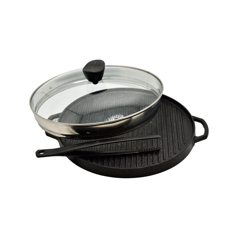 تابه گریل چدن گرد 34 درب دار با انبر یونیک کد UN-6029