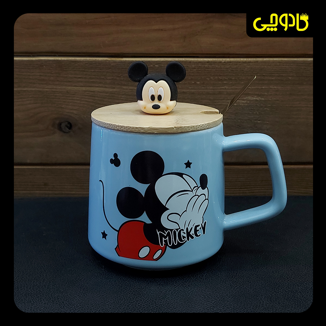 ماگ طرح میکی موس با درب بامبو کد M002 - آبی کمرنگ